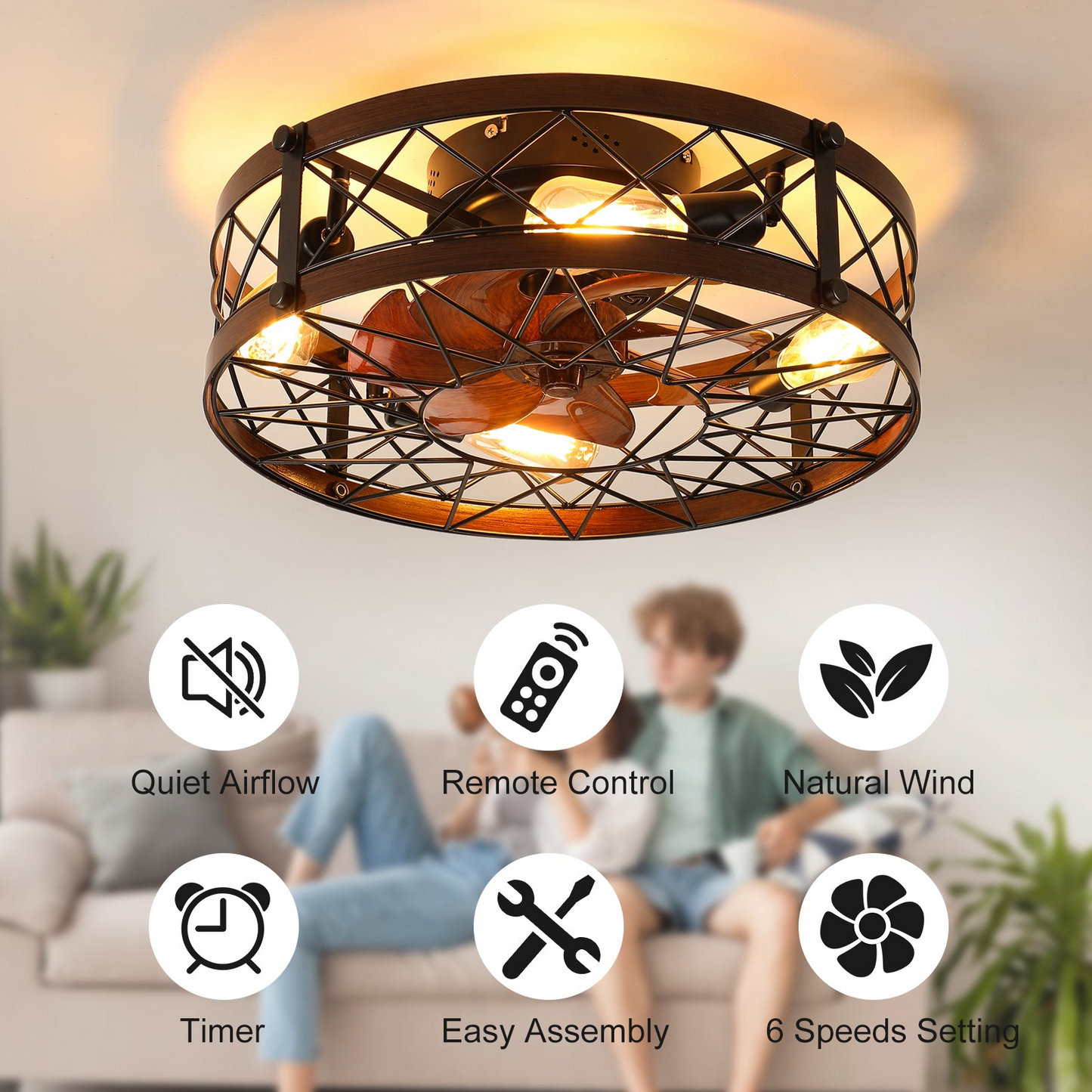 Caged Ceiling Fans with Lights Black, 20 inch Flush Mount Ceiling Fan Light, Farmhouse Small Ceiling Fan with Light Fixture, Reversible Fan for Bedroom, Office, Kitchen (E26 Bulbs Included)