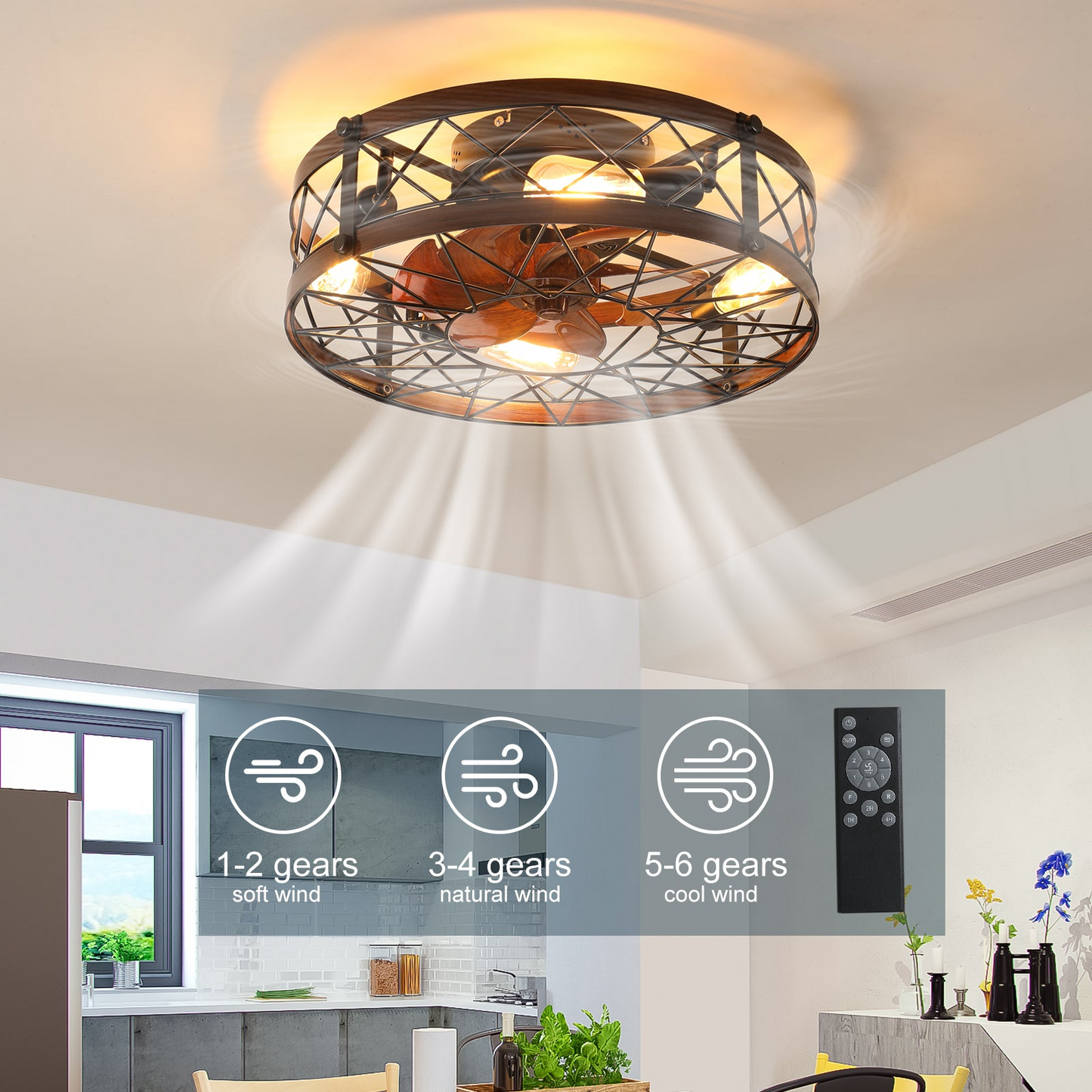 Caged Ceiling Fans with Lights Black, 20 inch Flush Mount Ceiling Fan Light, Farmhouse Small Ceiling Fan with Light Fixture, Reversible Fan for Bedroom, Office, Kitchen (E26 Bulbs Included)