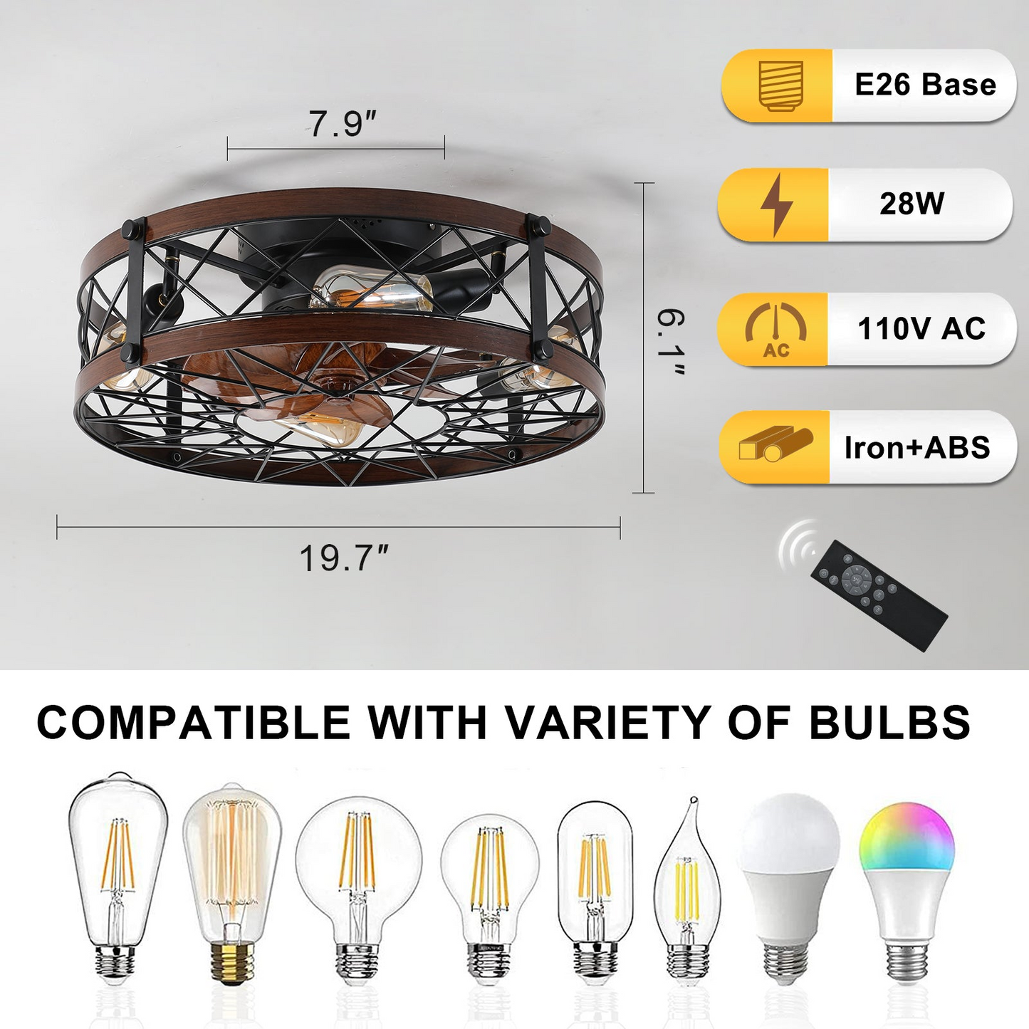 Caged Ceiling Fans with Lights Black, 20 inch Flush Mount Ceiling Fan Light, Farmhouse Small Ceiling Fan with Light Fixture, Reversible Fan for Bedroom, Office, Kitchen (E26 Bulbs Included)