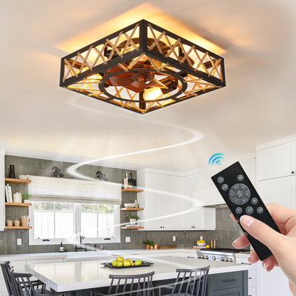 Farmhouse Rustic Ceiling Fan and Remote Control,Square Caged Industrial Ceiling Fixture with 6 Speeds & Noiseless DC Motor for Kitchen Dining Room Living Room Bedroom