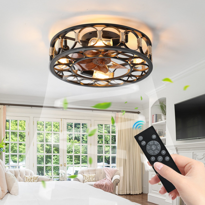 Caged Ceiling Fan with Lights Remote Control, Low Profile Flush Mount Farmhouse Modern Ceiling fans, 6 Speeds Reversible Blades, 5 LED Bulbs Include(Black)