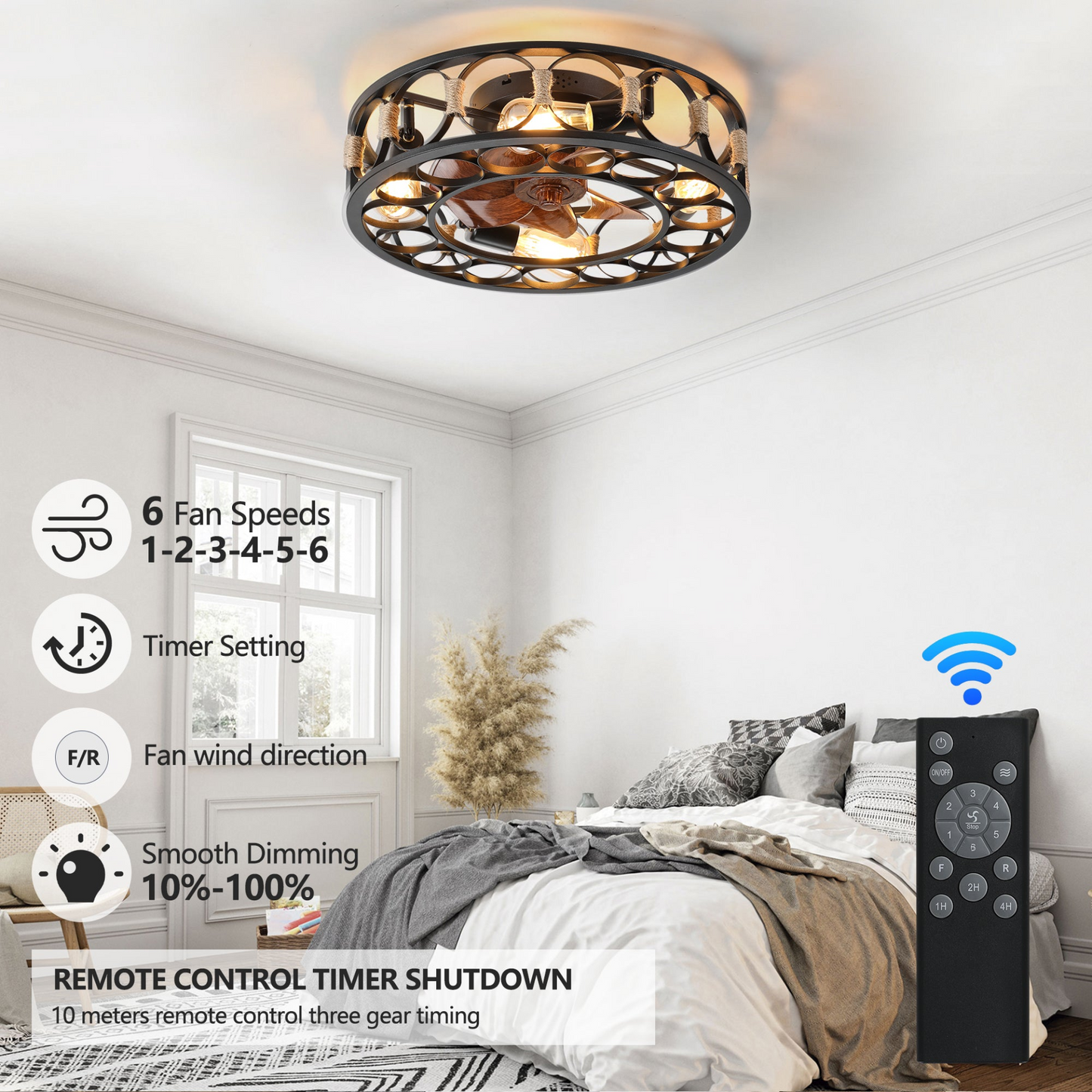 Caged Ceiling Fan with Lights Remote Control, Low Profile Flush Mount Farmhouse Modern Ceiling fans, 6 Speeds Reversible Blades, 5 LED Bulbs Include(Black)