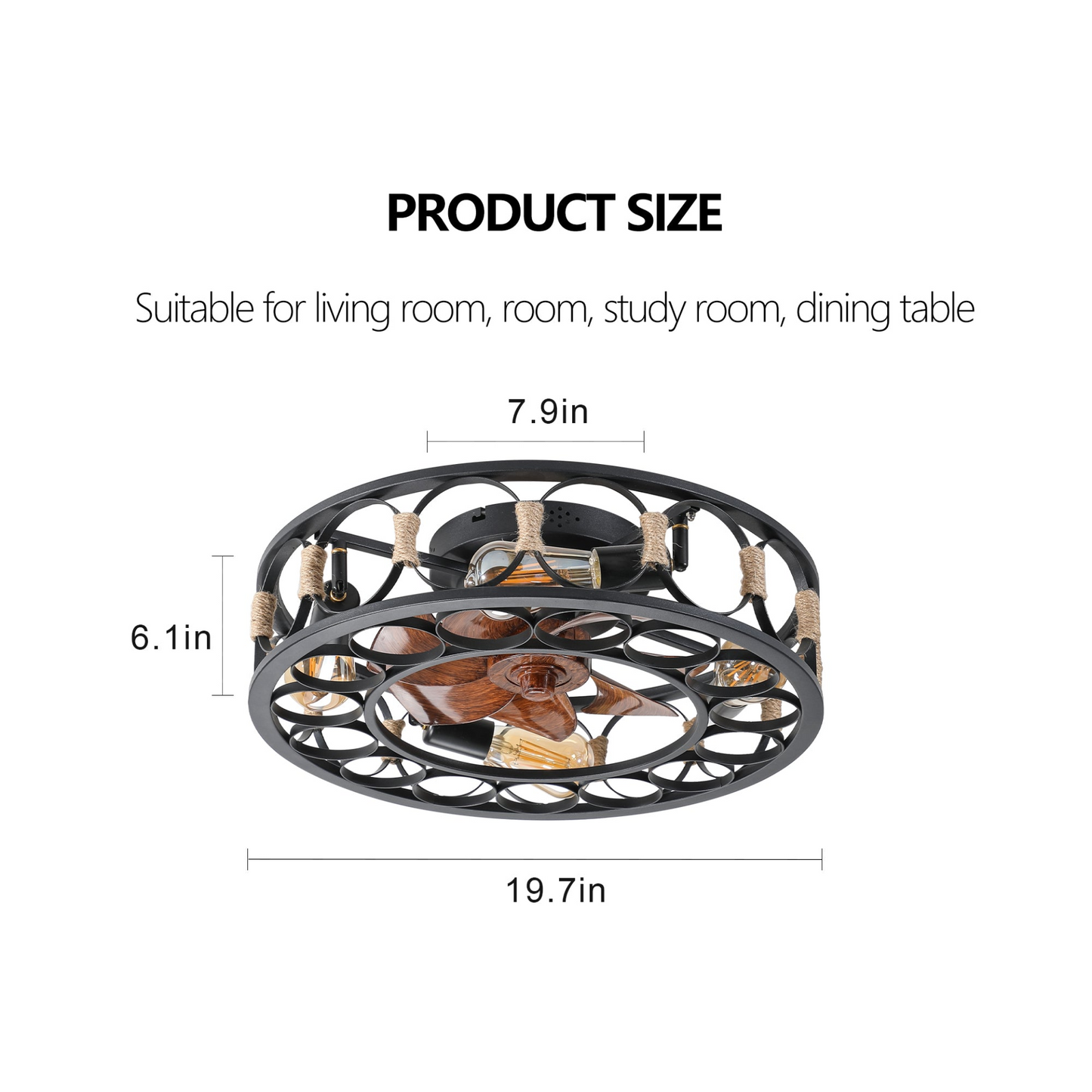 Caged Ceiling Fan with Lights Remote Control, Low Profile Flush Mount Farmhouse Modern Ceiling fans, 6 Speeds Reversible Blades, 5 LED Bulbs Include(Black)