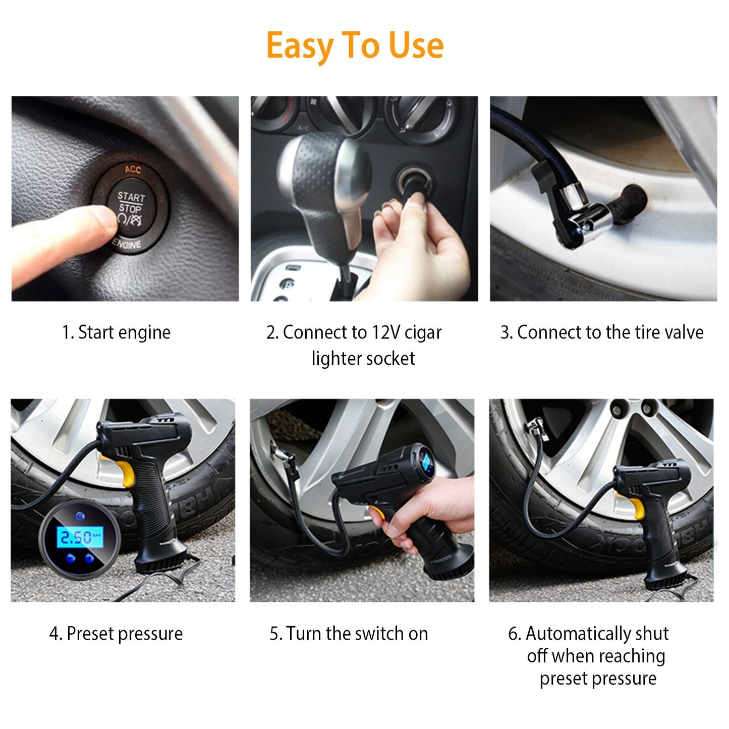 Portable Car Tire Inflator DC 12V Digital Car Air Pump Compressor Electric Air Pump with LED Light 150PSI